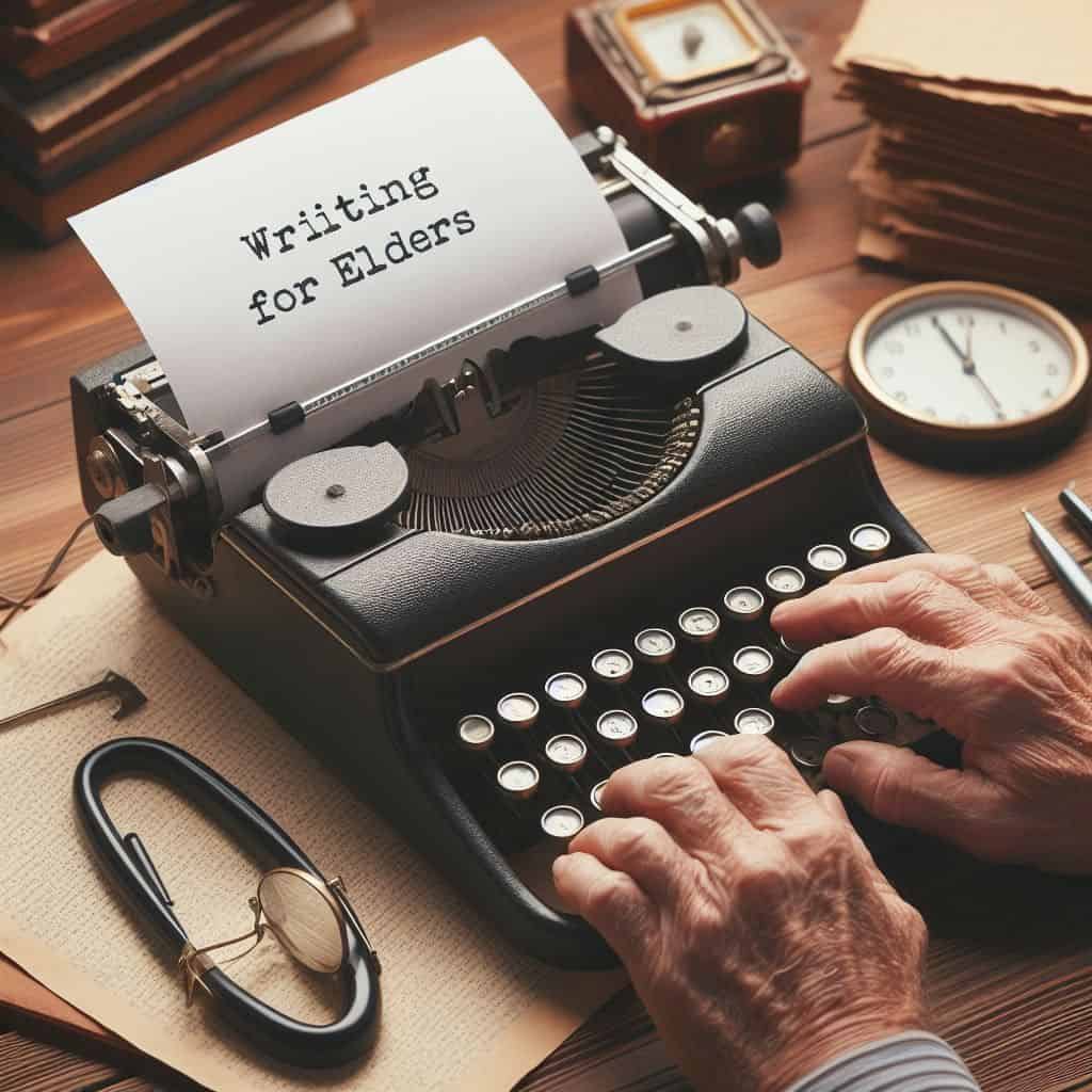 A vintage typewriter with a sheet of paper that says "Writing for Elders.