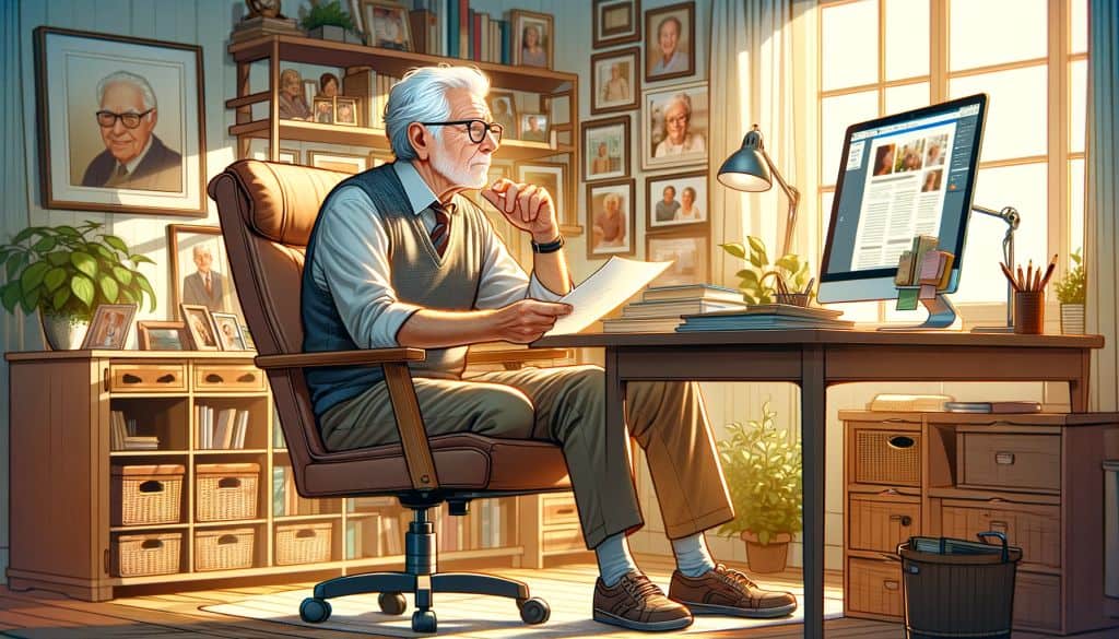 Elderly man with glasses focused on reading an article on a computer in his home office.